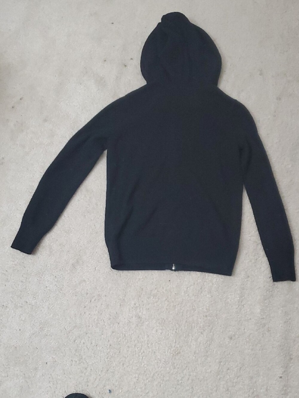 NWOT, Women's Cashmere Black Hooded Zip Sweater with Blue Drawstrings - Picture 3 of 4